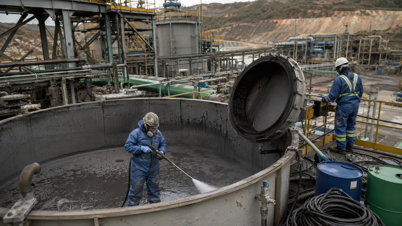Industrial worker cleaning large processing tank at a mineral extraction facility during maintenance operations