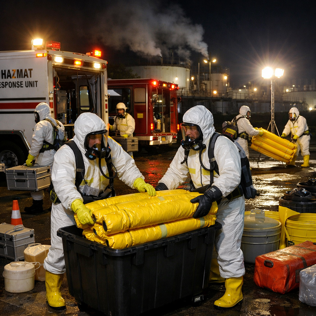 Hazmat crew in white suits handling yellow absorbent pads beside emergency trucks at night