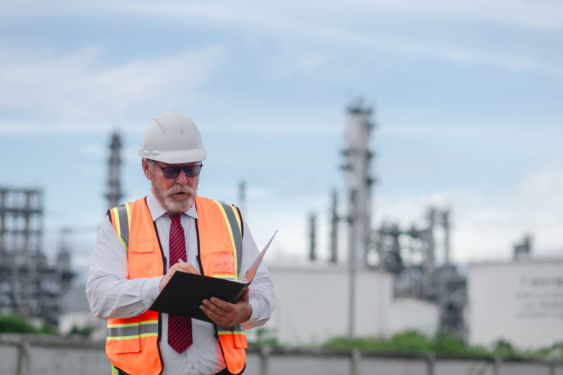 Engineer in hard hat and orange vest reviewing a clipboard at an industrial plant