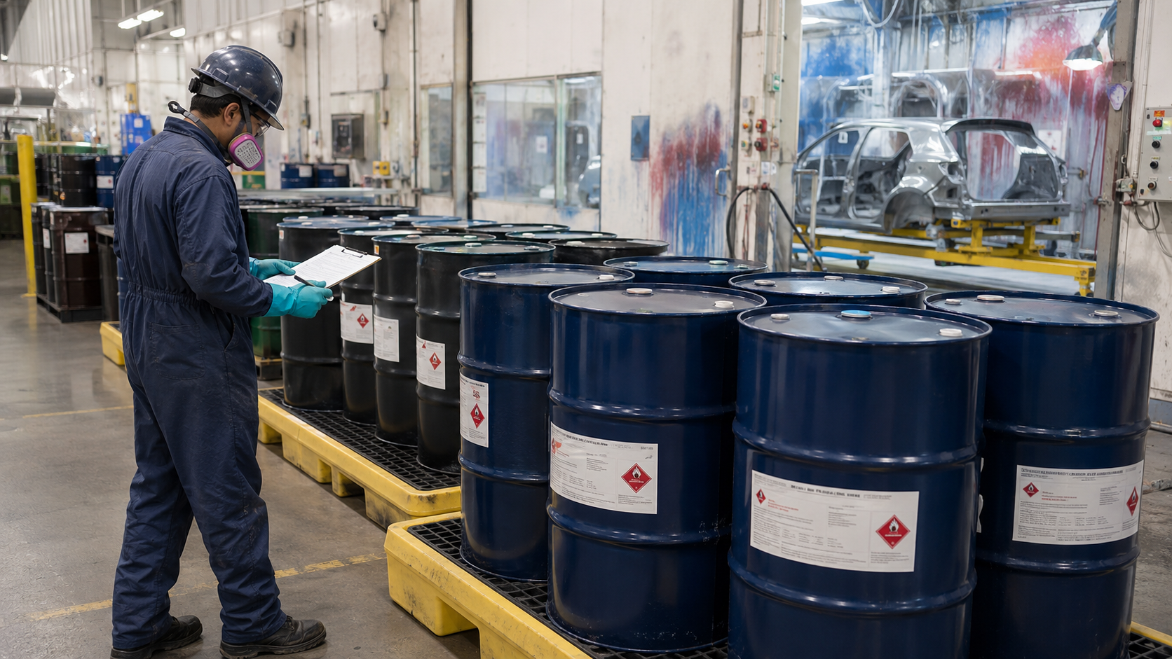 Technician inspecting and documenting sealed solvent waste drums staged in an automotive paint facility