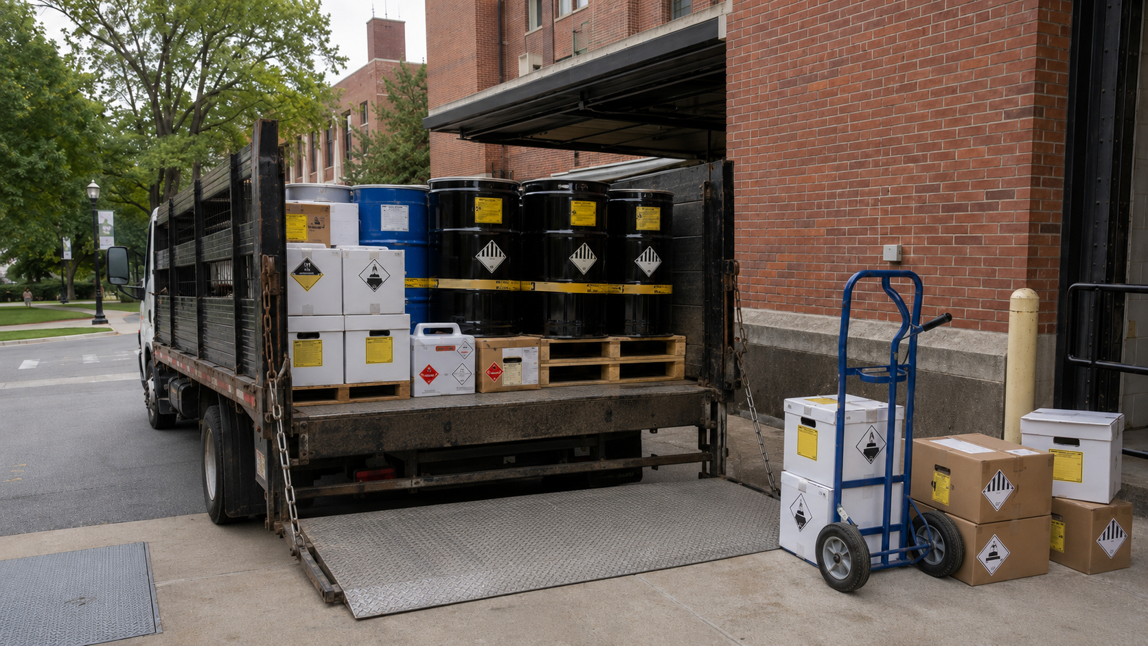 Flatbed truck collecting sealed hazardous waste containers and lab pack boxes from a university campus loading dock
