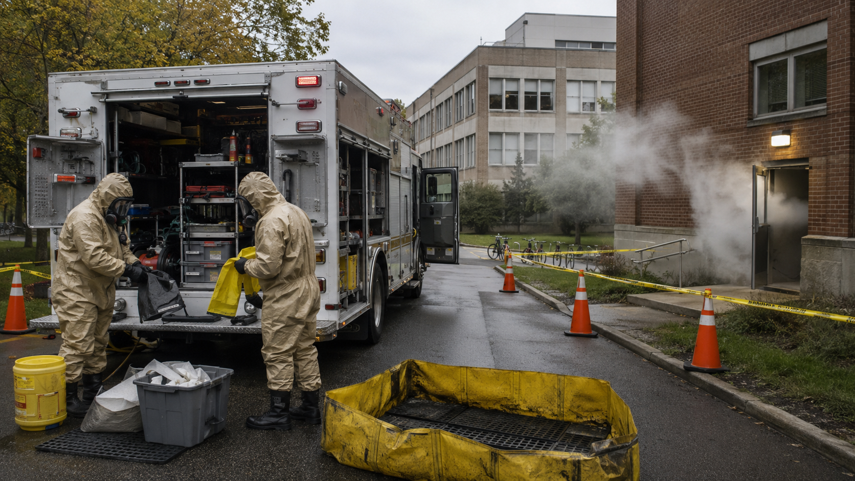 Hazmat response truck with open equipment compartments responding to a chemical vapor release at a university campus building