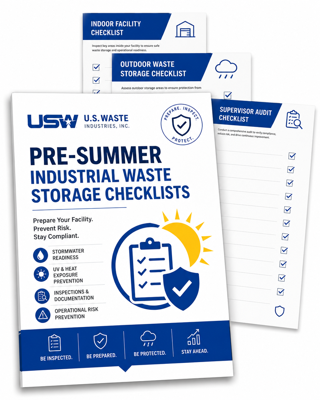 Checklist cover showing industrial waste storage inspection guide for summer conditions