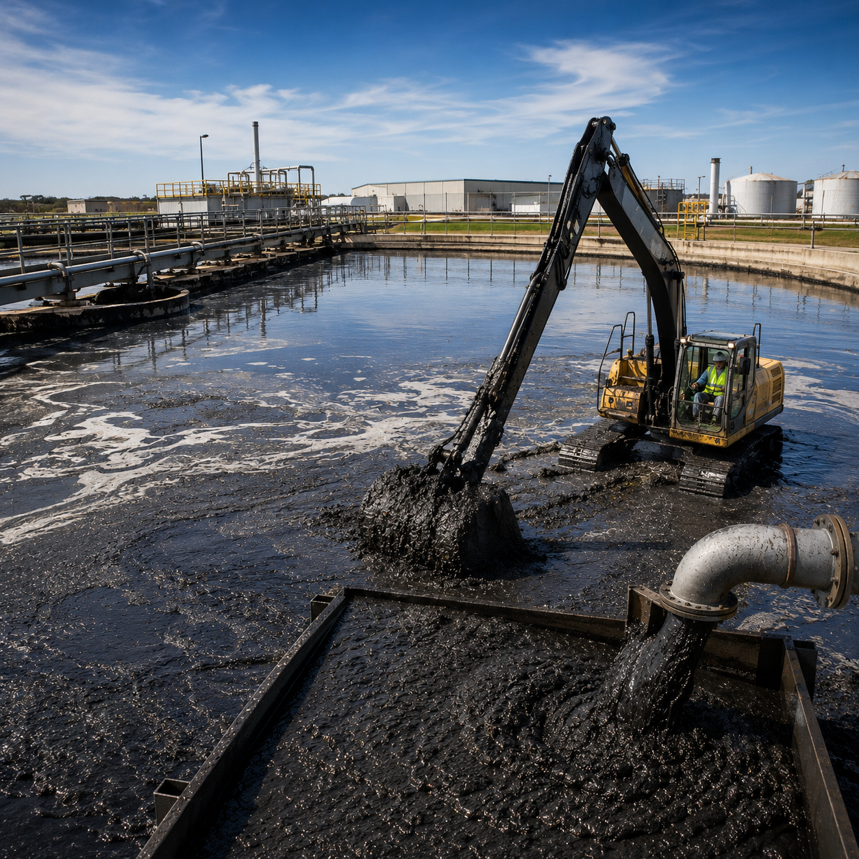 Excavator removing wastewater treatment sludge from an industrial lagoon during utility facility maintenance