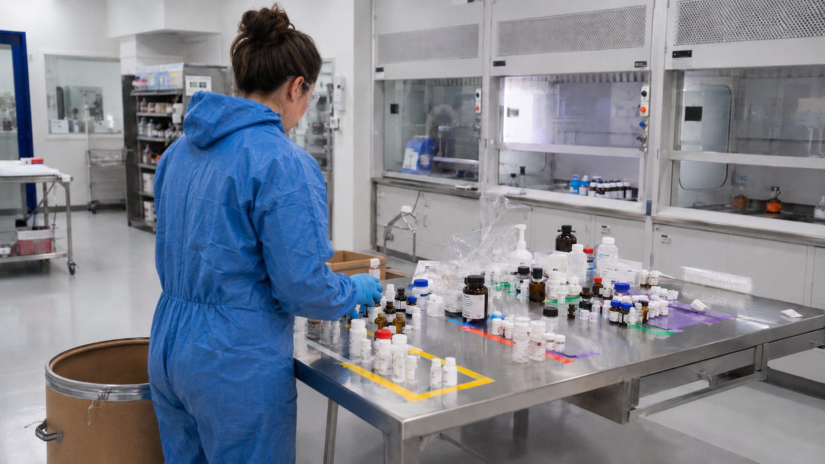 University lab technician sorting and packaging small chemical containers for lab pack disposal coordination