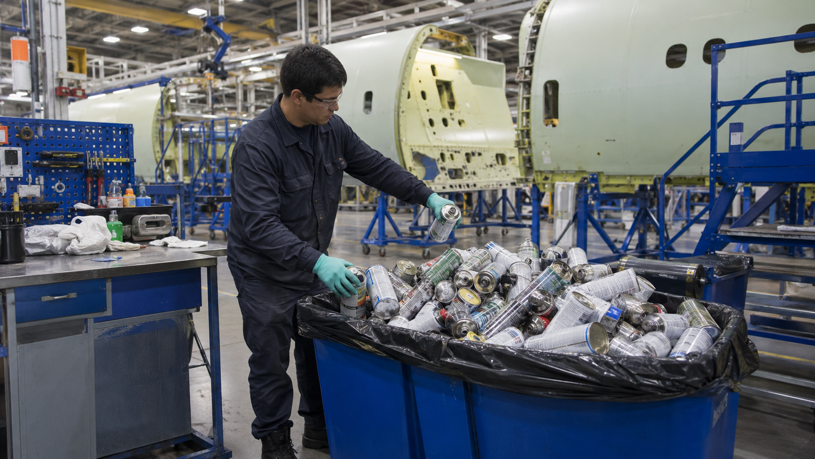 Aerospace assembly worker collecting spent aerosol cans into a universal waste collection bin at a manufacturing workstation