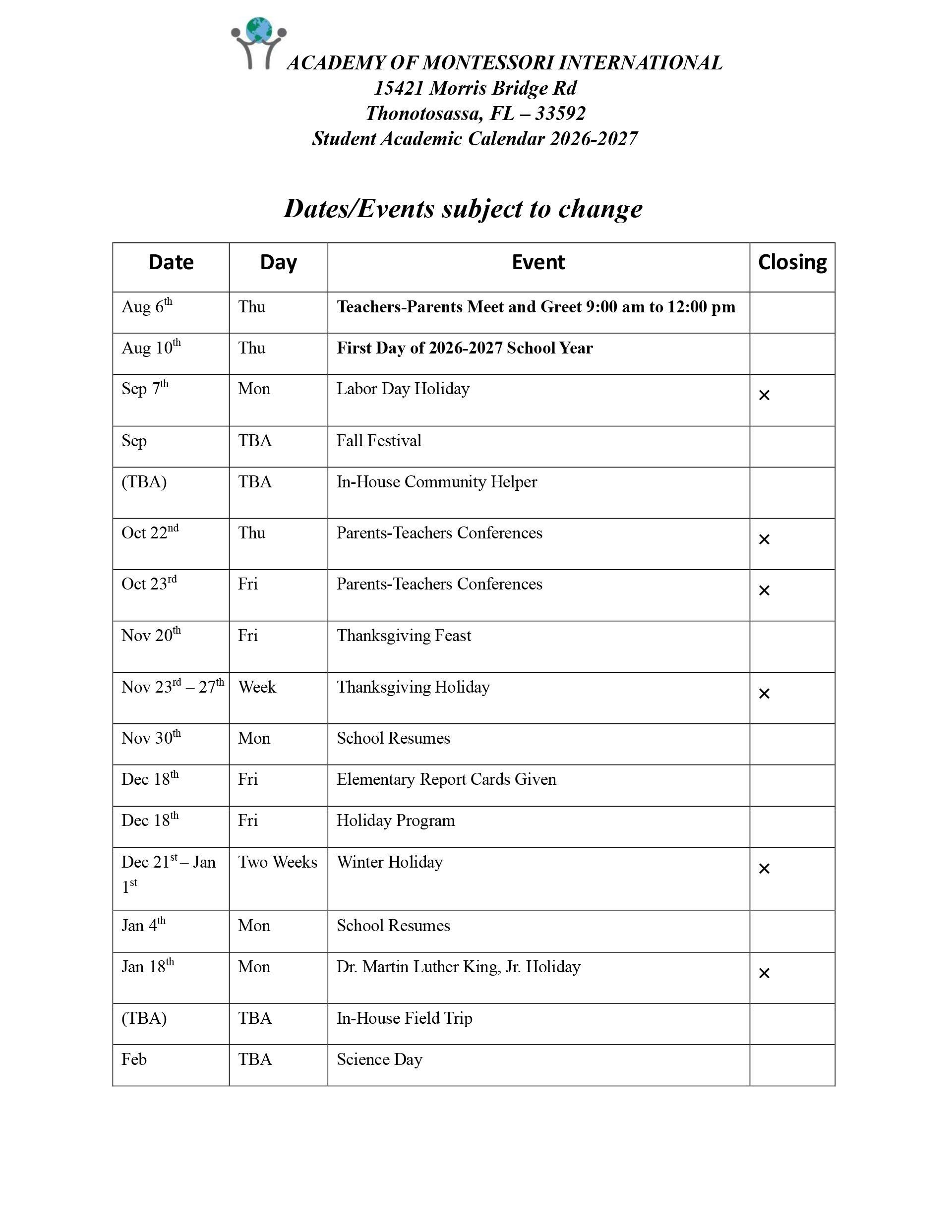 school calendar