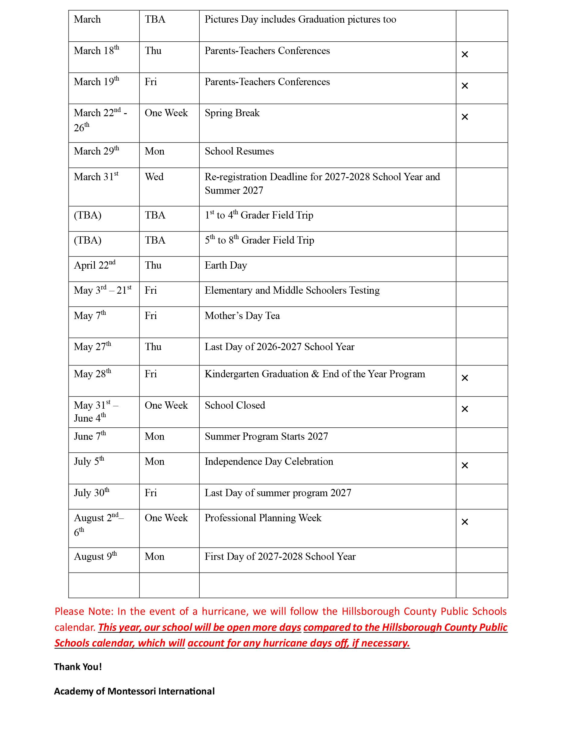 school calendar