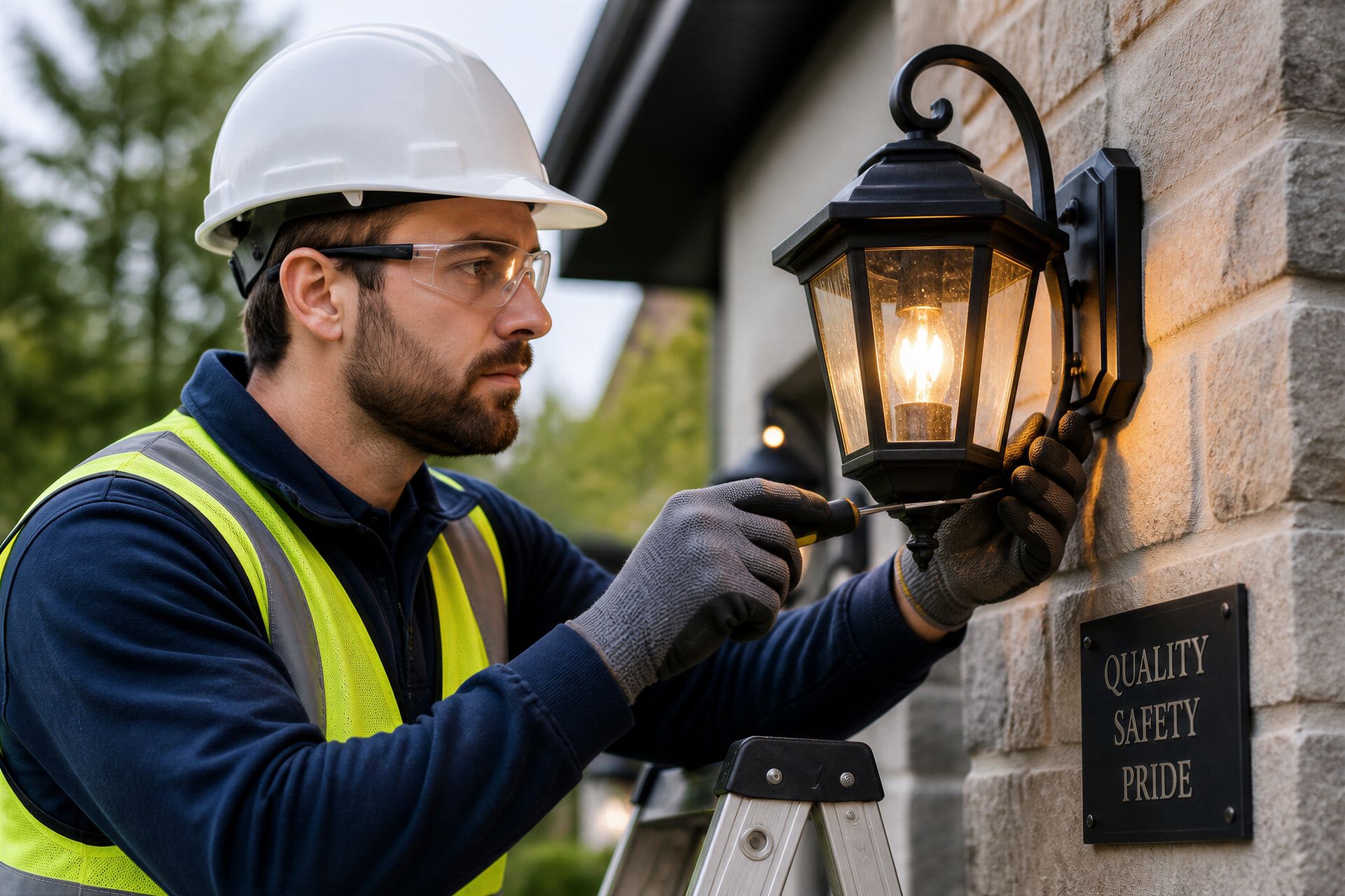 During an outdoor lighting installation, a technician in a hard hat mounts a black lantern on brick.