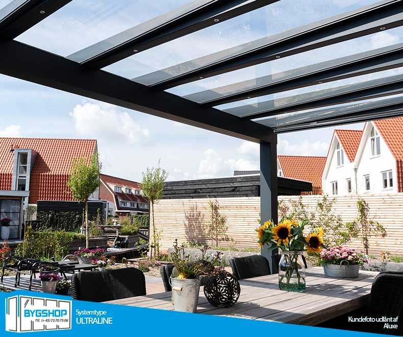 Ultraline, fremstillet hos Bygshop - overdækning til udestue, vinterhave, carport, terrassen.