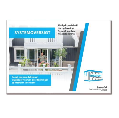 Brochure om vores skydedøre, fastkarm og overdækninger.