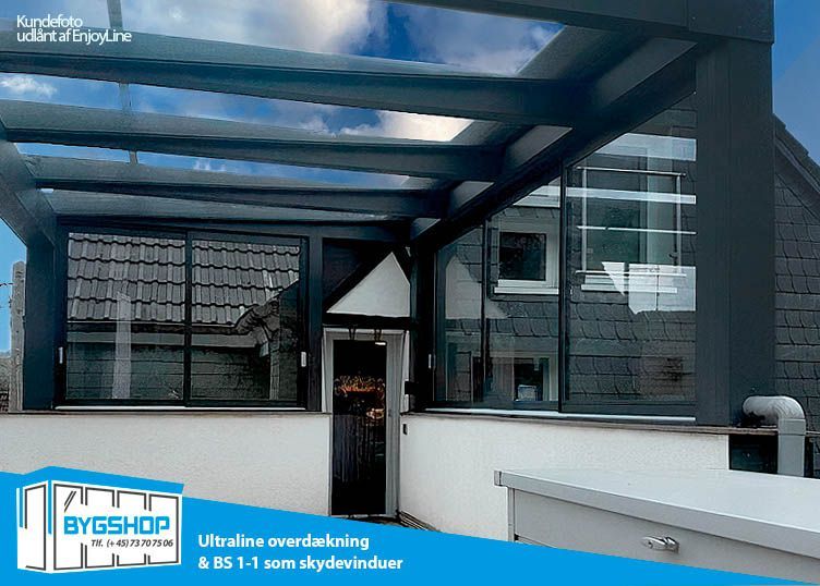 En havestue med overdækning og skydevinduer monteret hos en privatkunde. Foto: EnjoyLine
