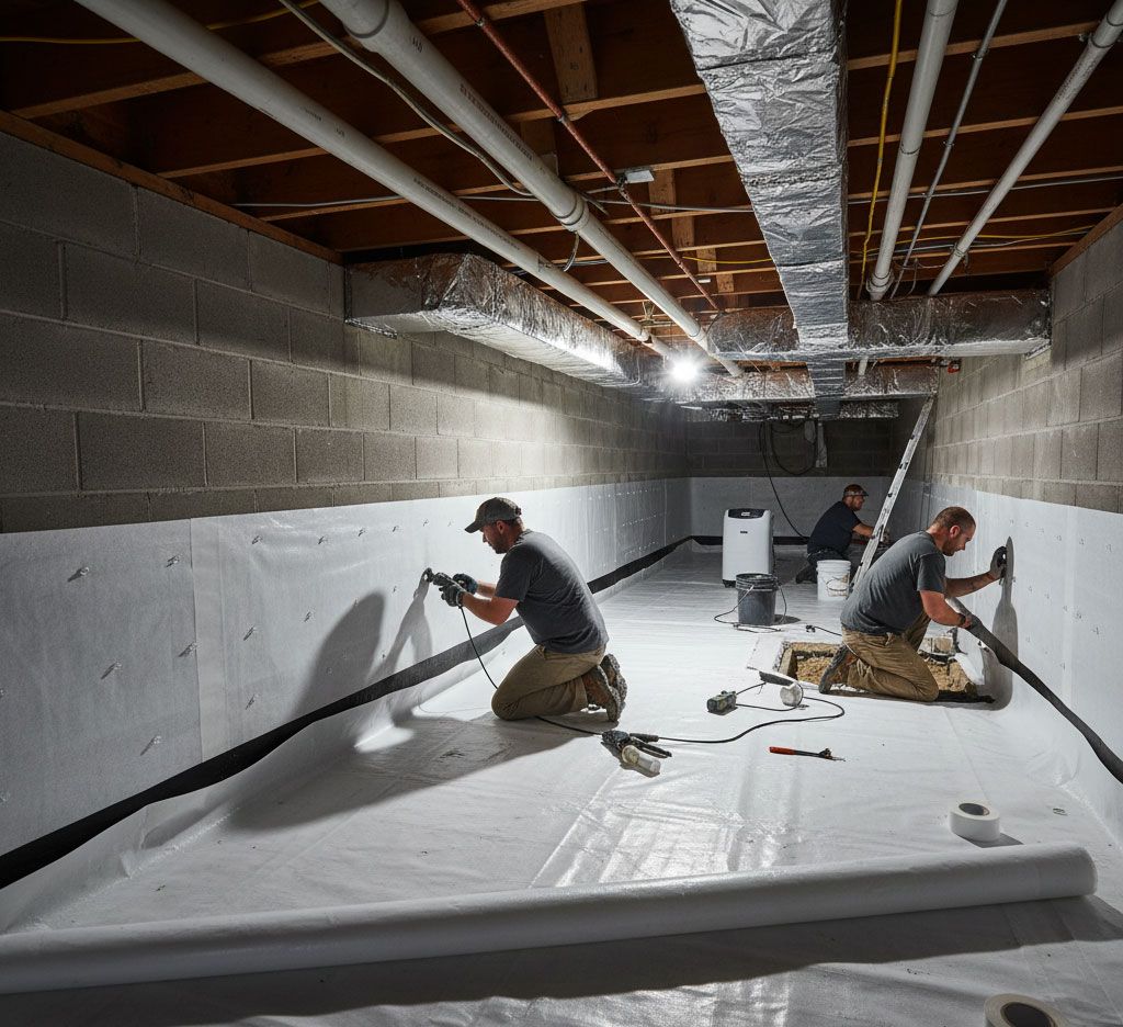 Workers installing waterproofing in a crawl space. Gray block walls, white plastic sheeting, and pipes overhead.