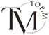 白色背景上的黑色風格化TM標誌，右側環繞著&ldquo;TOPM&rdquo;字樣。