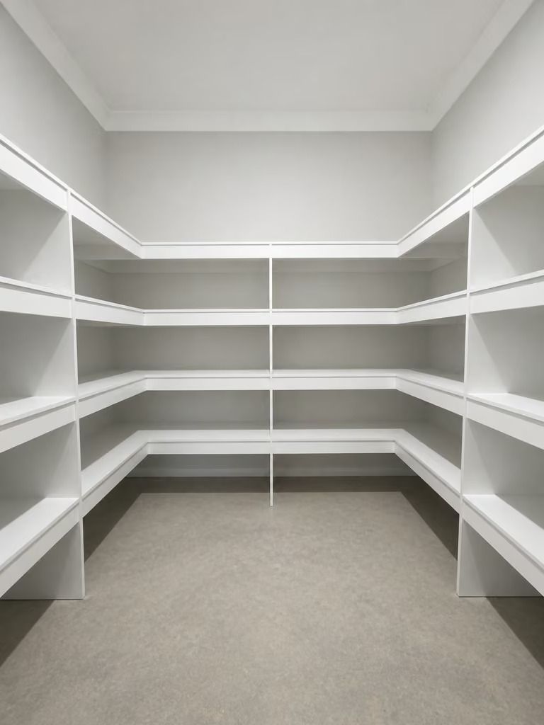 Empty walk-in closet with white built-in shelves and beige carpet.