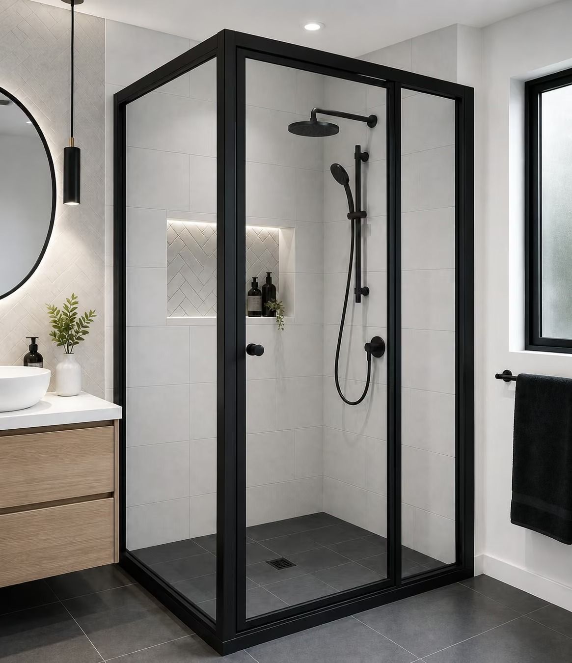 Black-framed glass shower enclosure in a modern bathroom with white tile and a wall-mounted showerhead