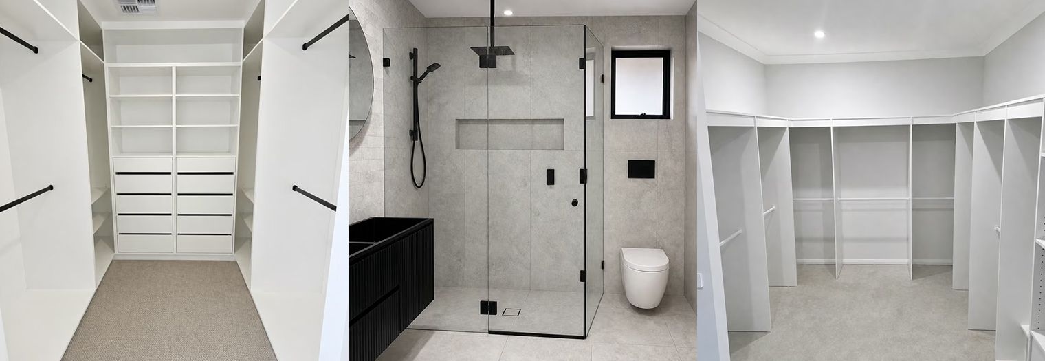 Three views of a modern white walk-in closet and bathroom with shelving, glass shower, and toilet