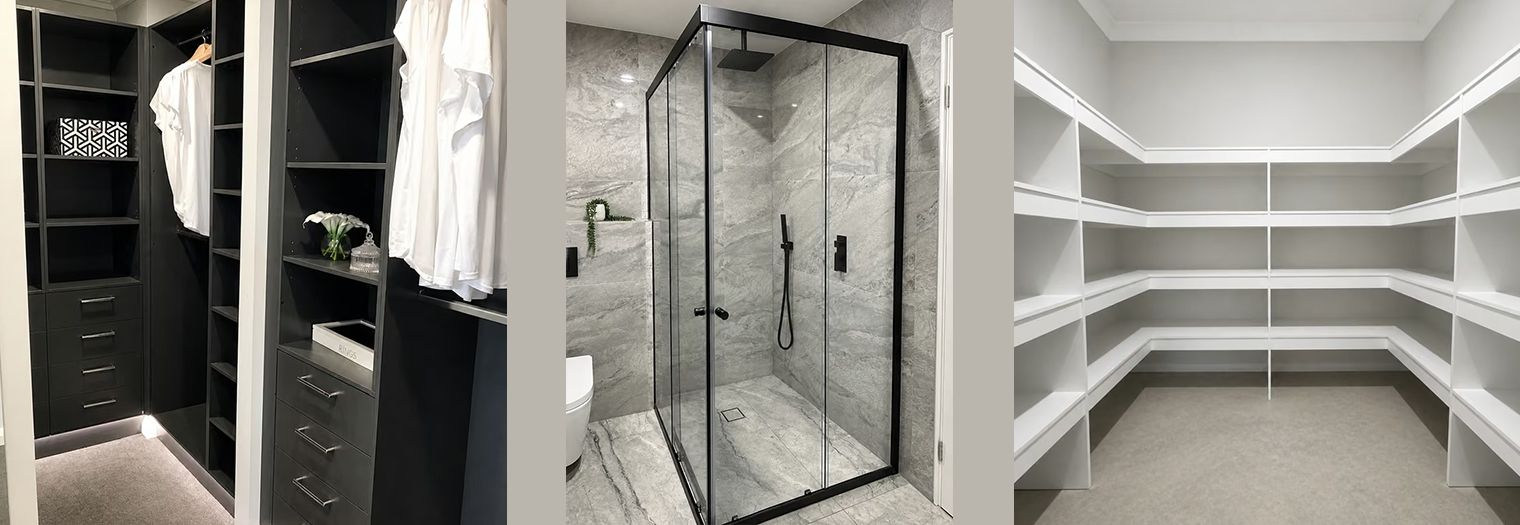 Custom walk-in closet and modern glass shower with black fixtures and built-in shelving.