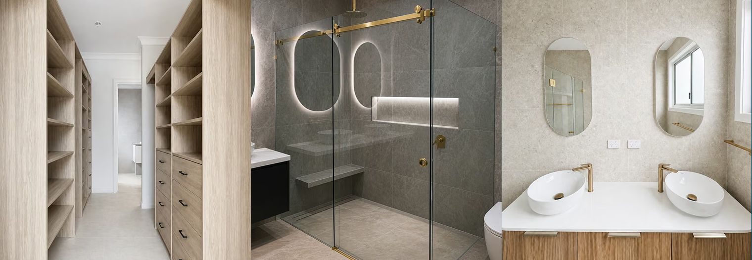 Modern luxury bathroom with glass shower, double vanity, and open shelving in a beige interior