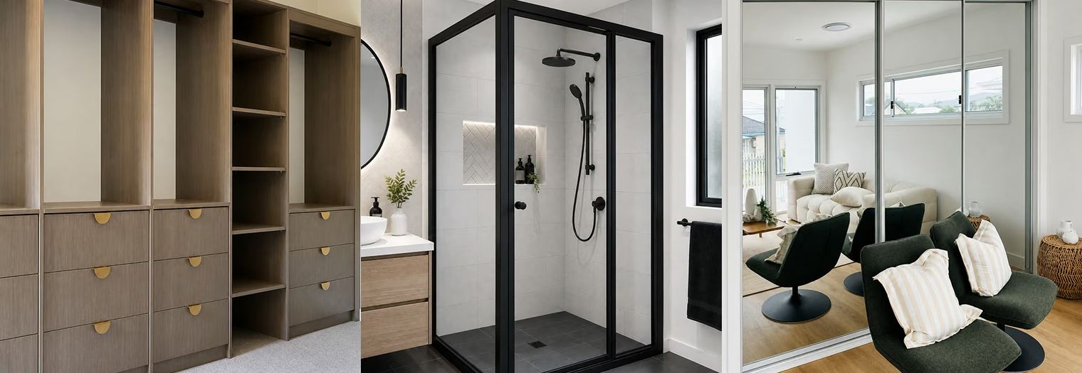 Modern bedroom with a black glass wardrobe, built-in shelving, mirror, and white bed with black cushions.