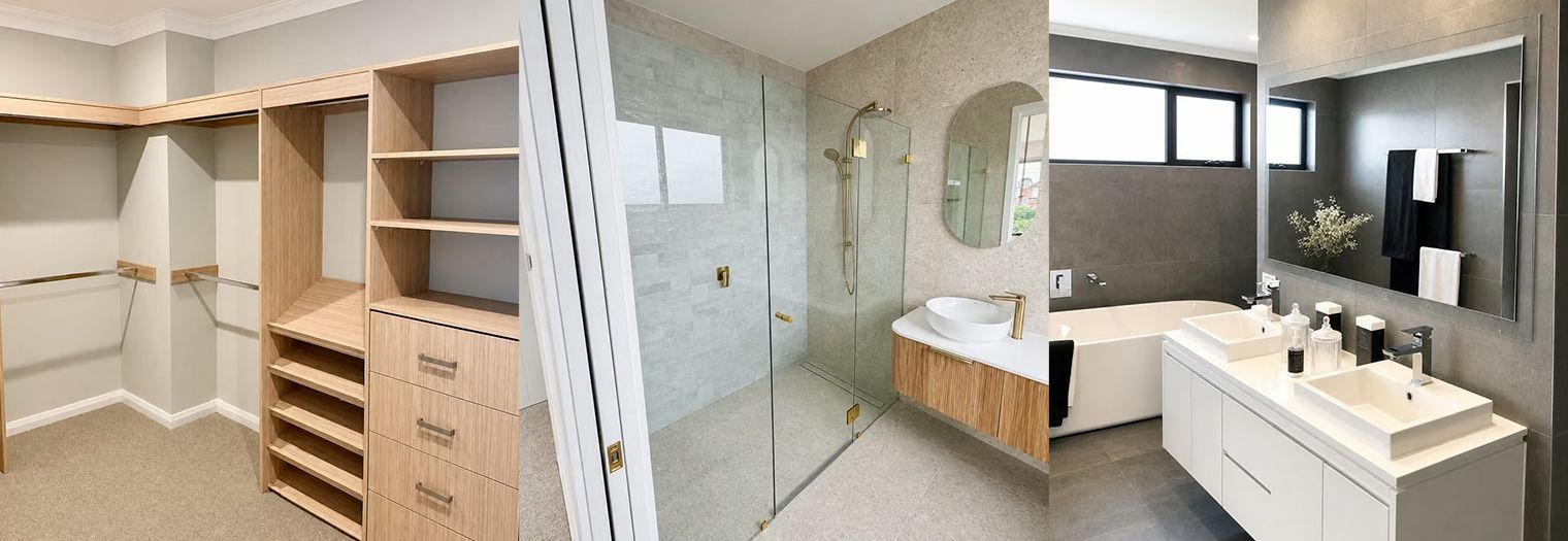 Built-in closet, tiled bathroom with vanity, and modern white dual-sink bathroom suite