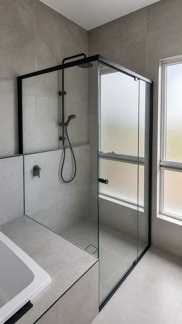 Modern bathroom with a glass-enclosed shower and large frosted windows.