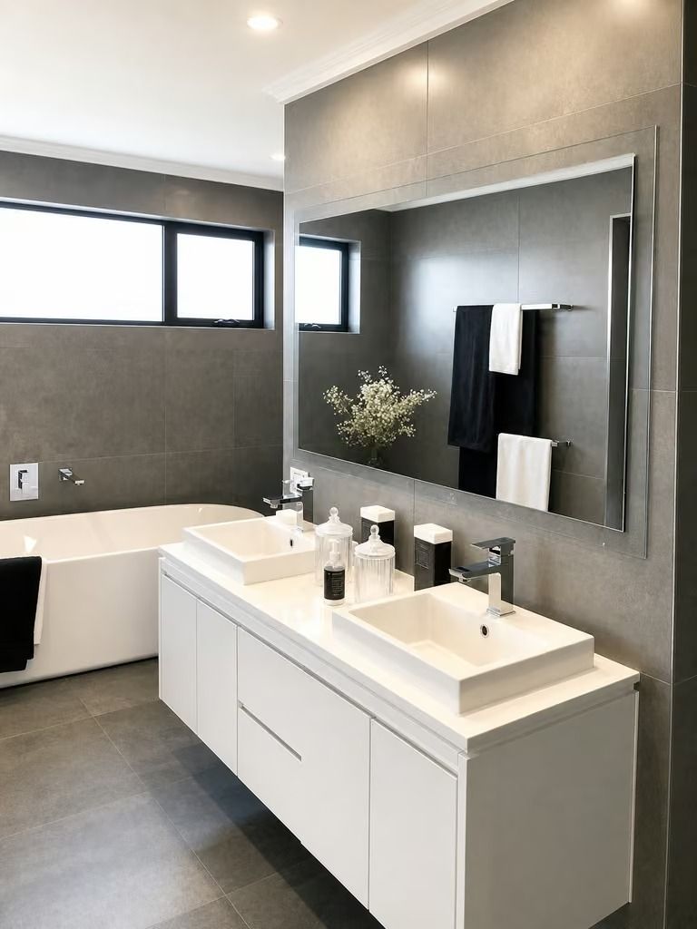 Modern bathroom with white vanity, large mirror, and gray tile walls