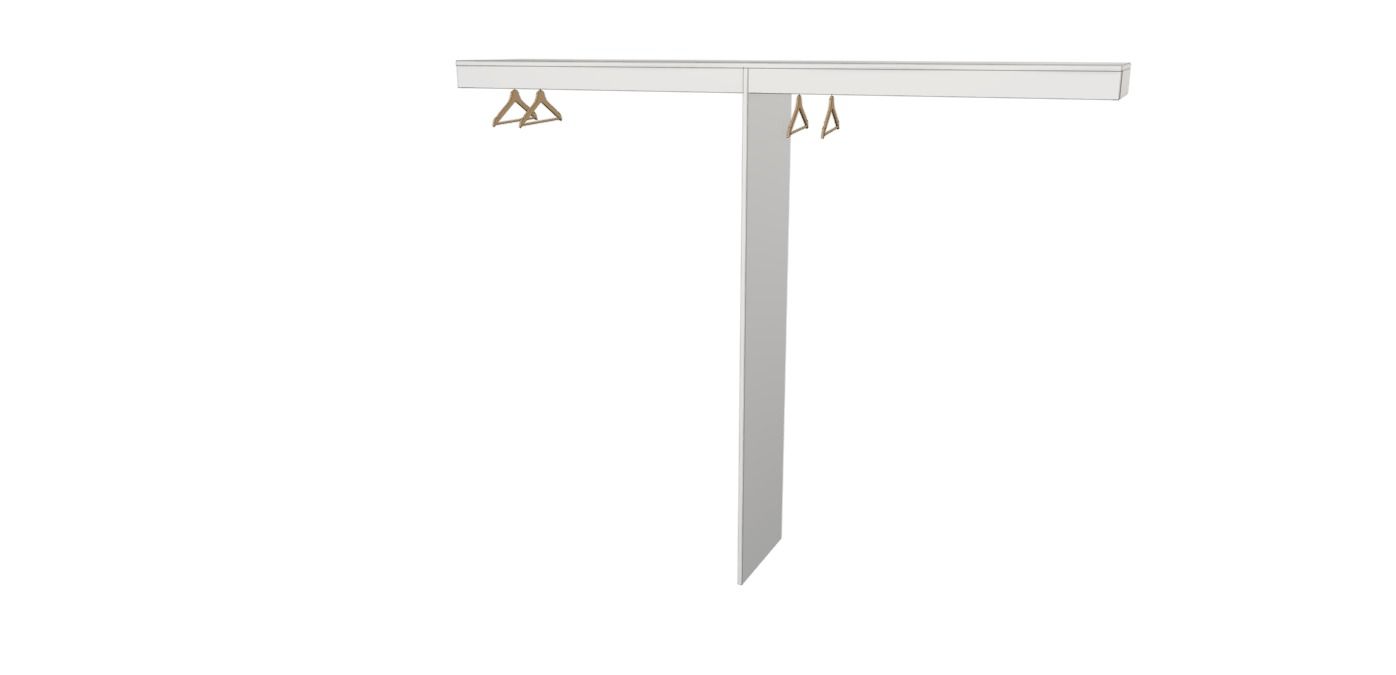 Minimalist wall-mounted shelf with a hanging gray blade-like panel and small gold accents