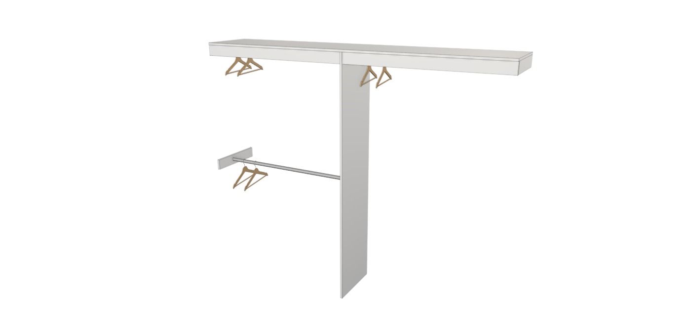 White wall-mounted shelf with two hanging clothes rods on a light background