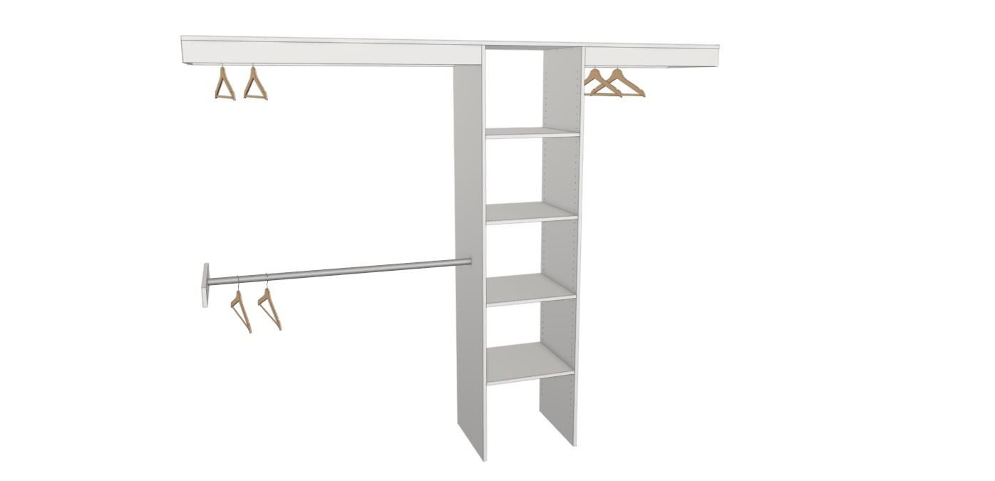 White walk-in closet organizer with shelves, hanging rods, and top shelves on a gray background