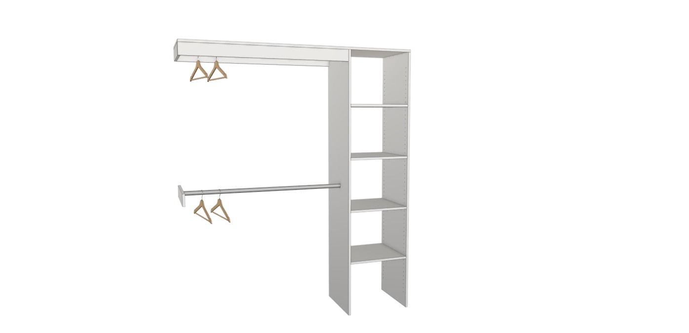 Minimalist wall-mounted closet system with white shelves, hanging rods, and a ladder-like side frame