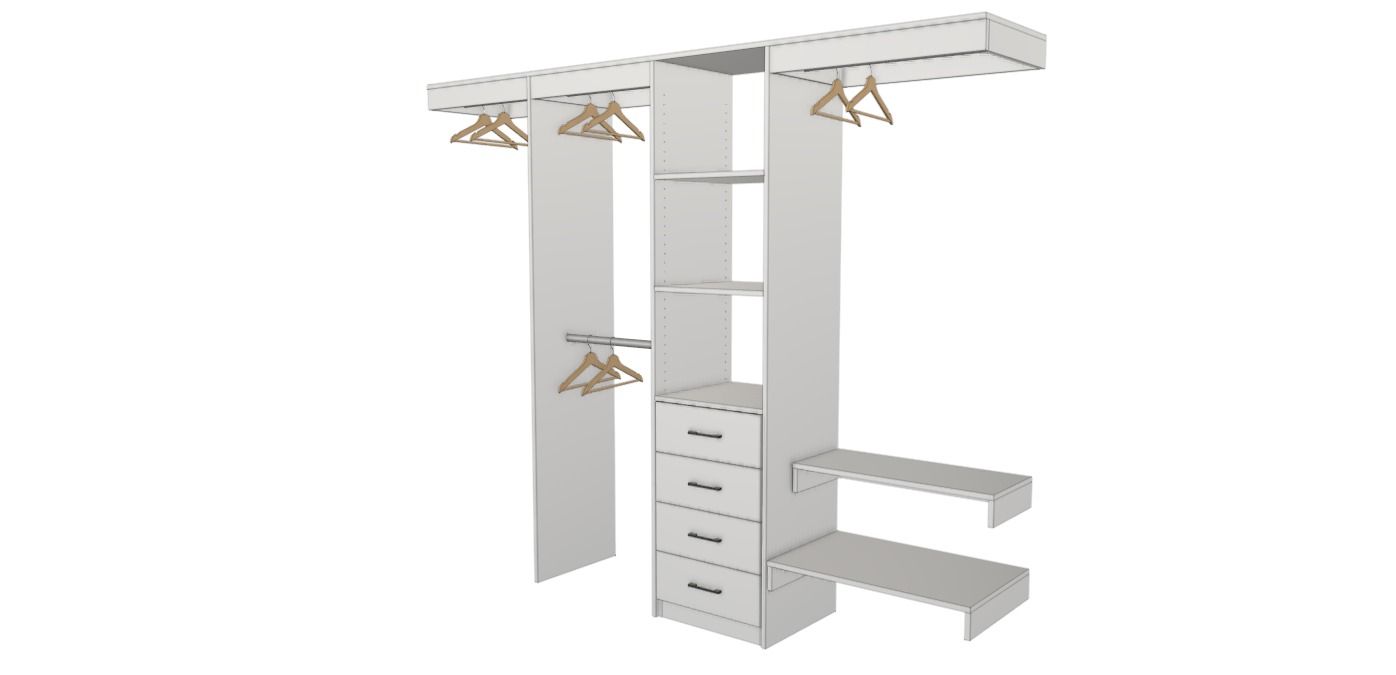 White walk-in closet organizer with shelves, drawers, hanging rods, and a bench on a white background