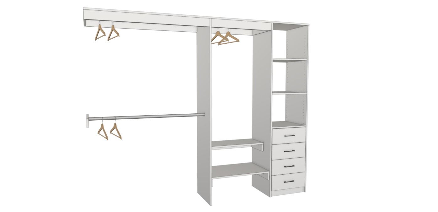 White walk-in closet with shelves, hanging rods, drawers, and built-in storage tower