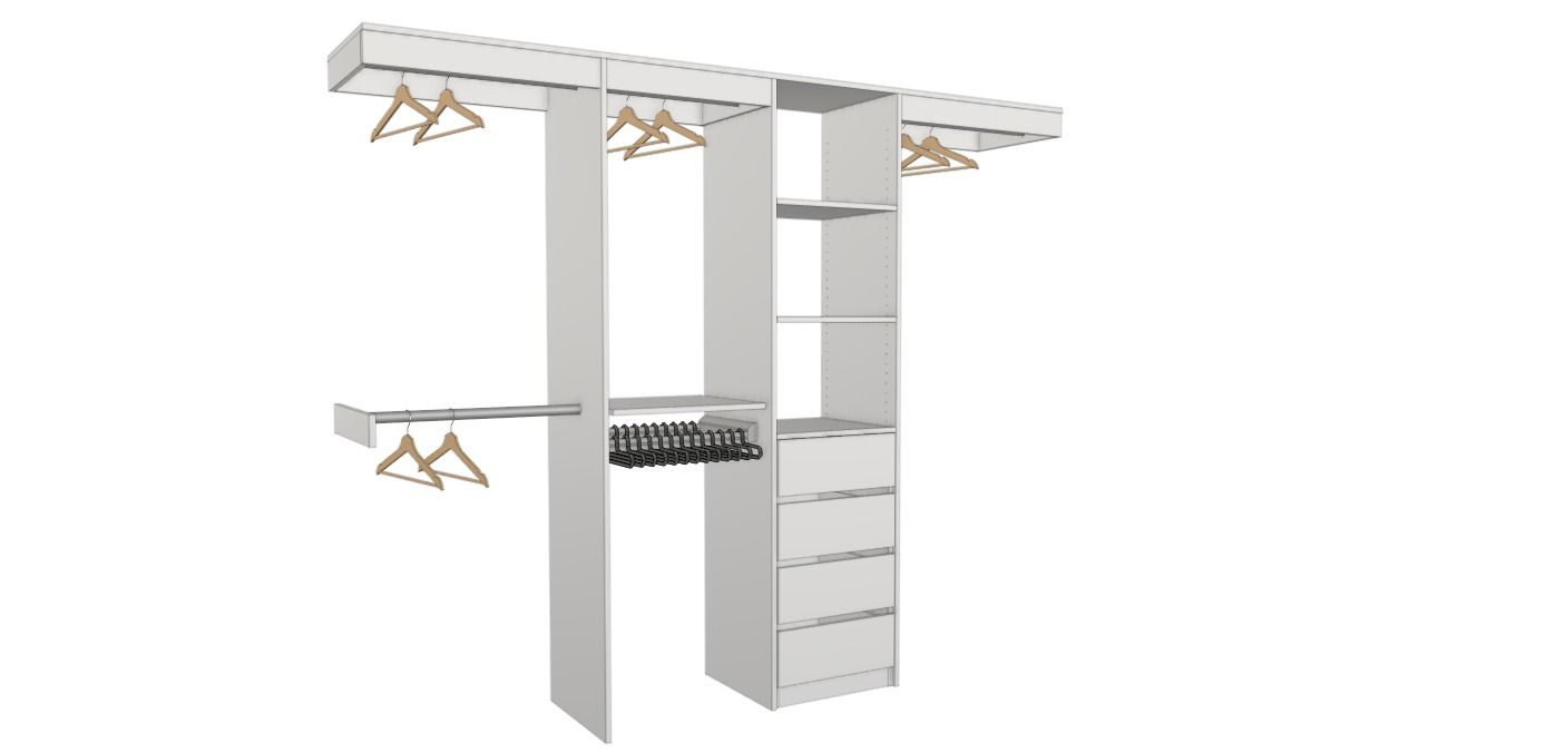 3D architectural diagram of a white closet system with shelves, hanging rods, and drawers