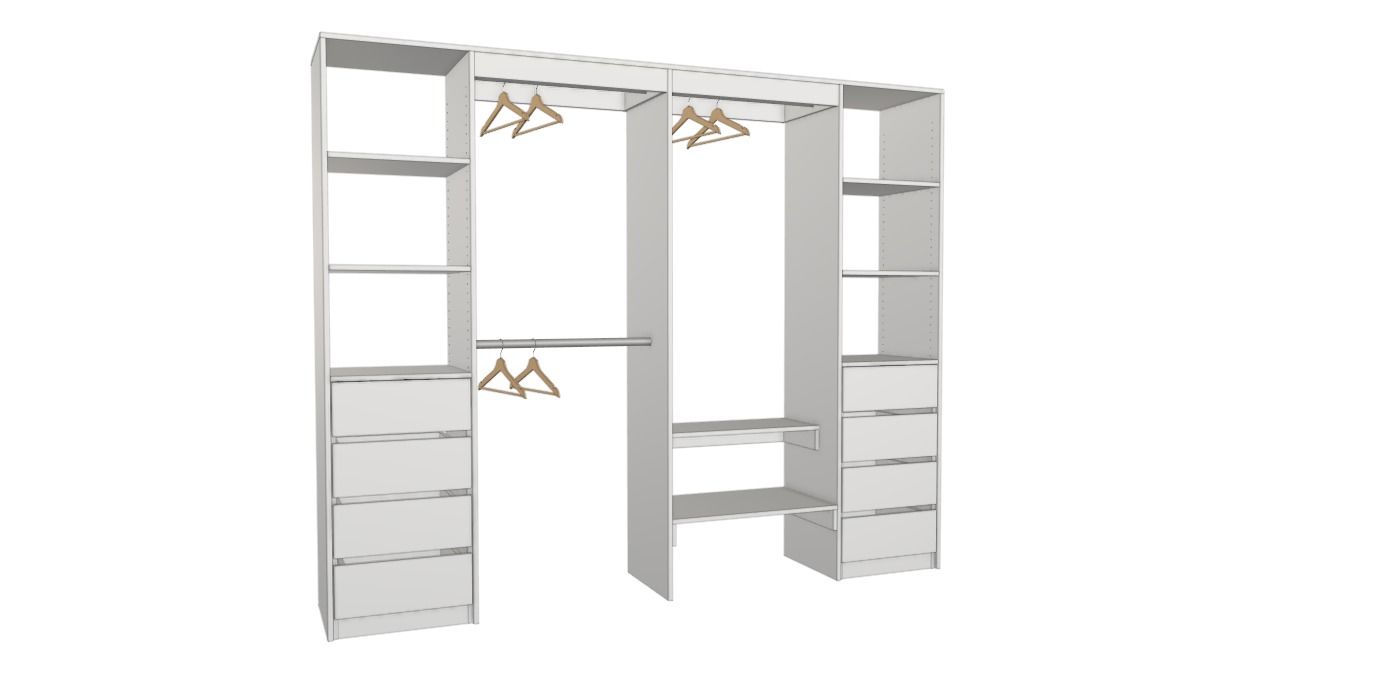 White modular walk-in closet system with shelves, drawers, hanging rods, and a central shelf tower