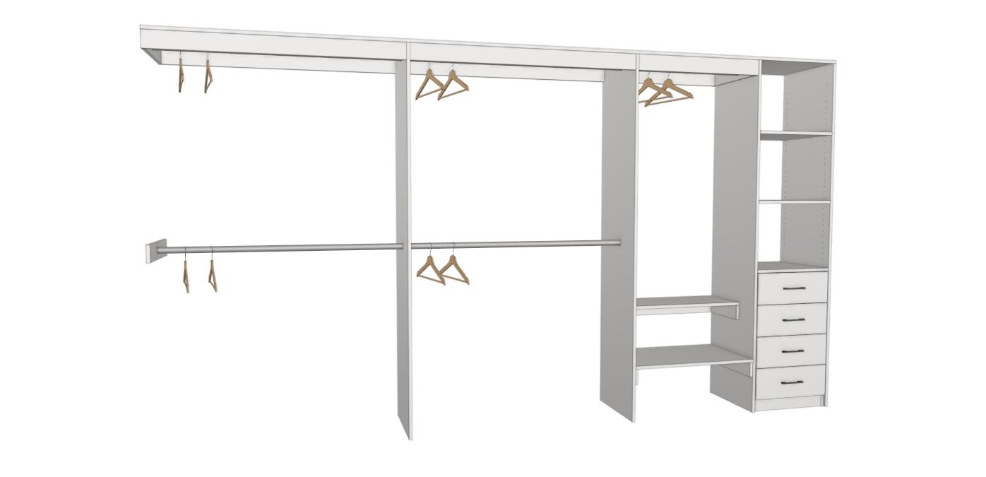 Minimal white modular closet system with shelves, hanging rods, drawers, and cabinet doors