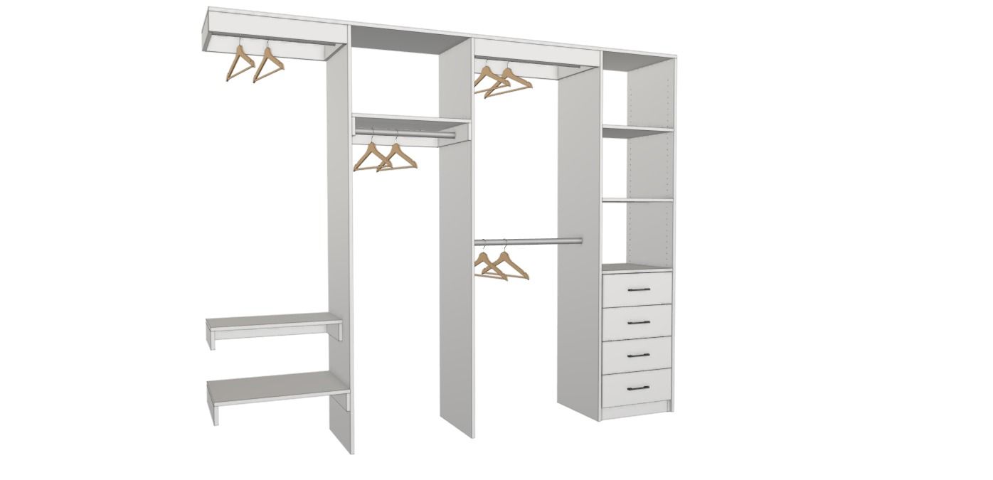 White walk-in closet with hanging rods, shelves, and drawers on the right side.