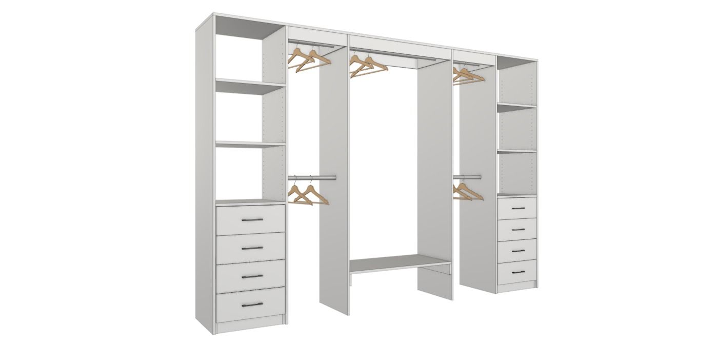White modular closet organizer with shelves, drawers, hanging rods, and mirrored center section