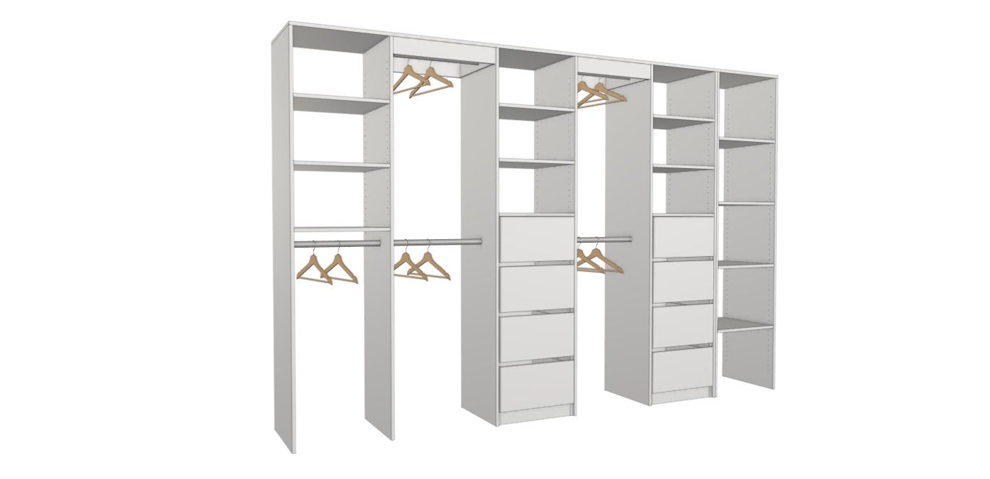 White modular walk-in closet with hanging rods, shelves, and drawers on a white background