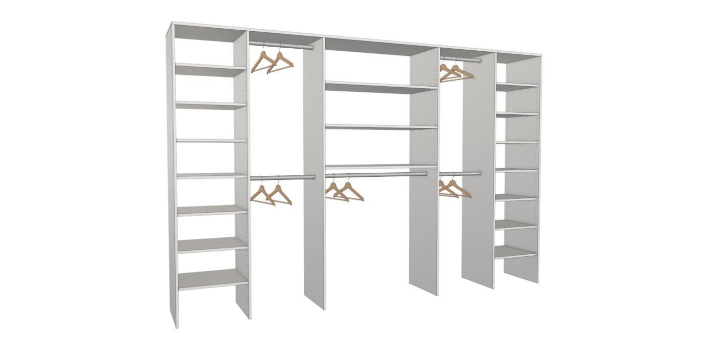 White modular shelving unit with multiple open shelves and hanging rods, shown in a studio view