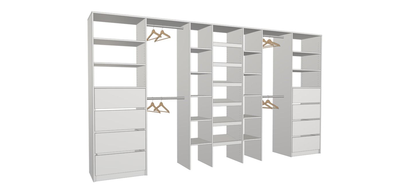 White walk-in closet system with shelves, drawers, hanging sections, and central shelving towers