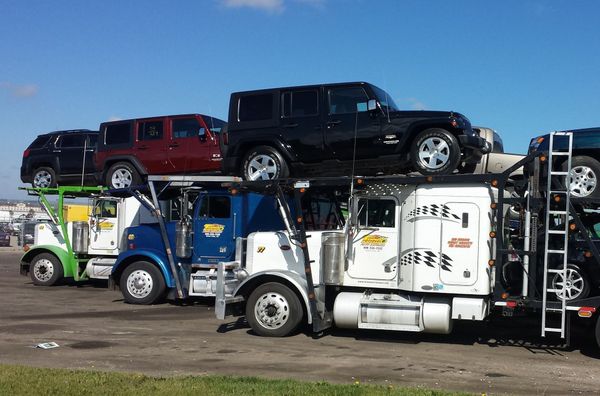 Car carrier truck loaded with two pickup trucks and an SUV on a roadside.