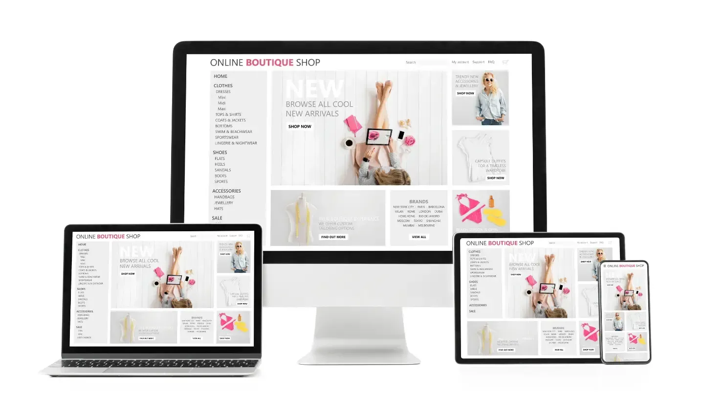 A computer , laptop , tablet and phone are displaying a website.