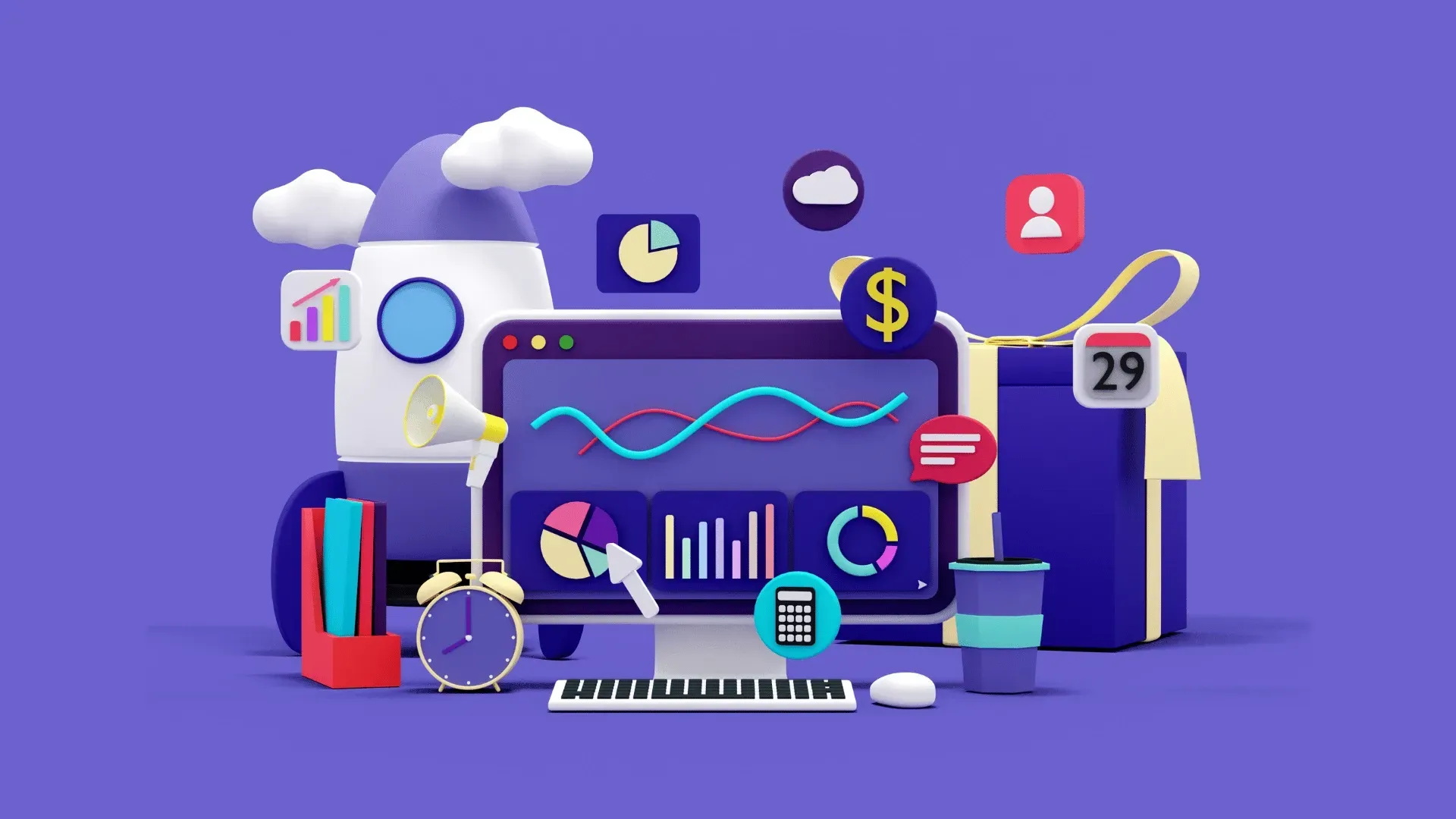 A 3d rendering of a computer screen with a lot of icons on it.