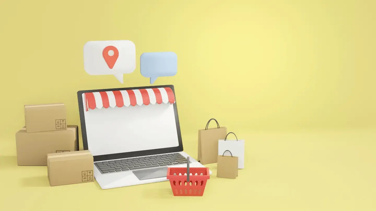 A laptop computer is surrounded by boxes , bags , and speech bubbles.