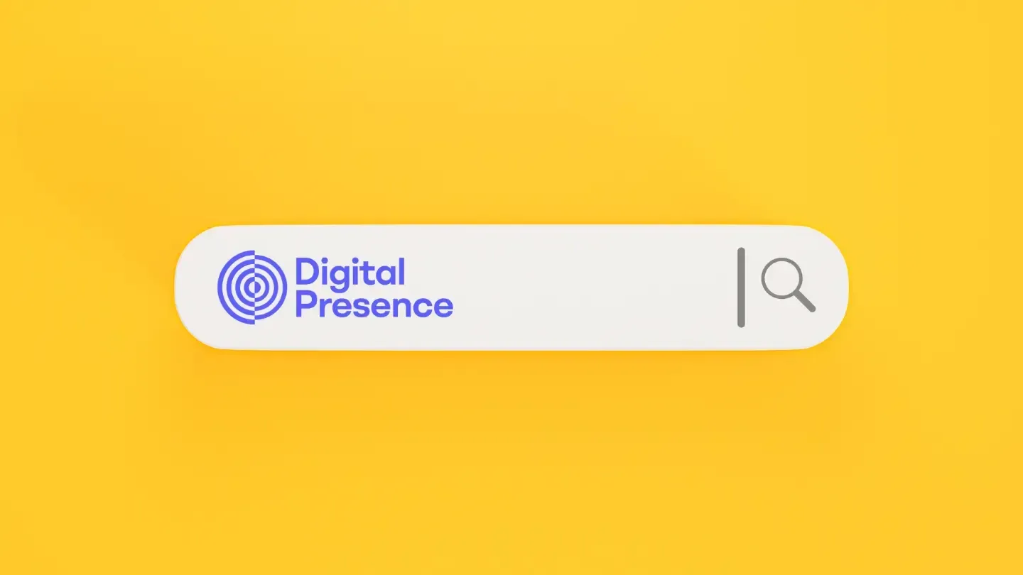 A search bar with the words digital presence and a magnifying glass on a yellow background.