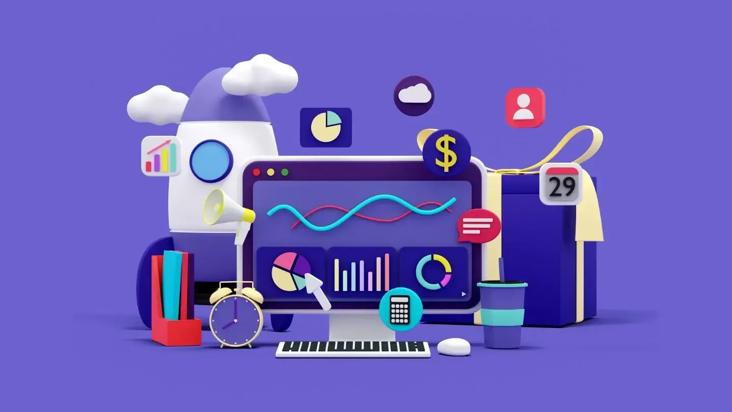 A 3D illustration of a computer monitor displaying graphs, with a rocket, icons, and a gift box, set against a purple background.