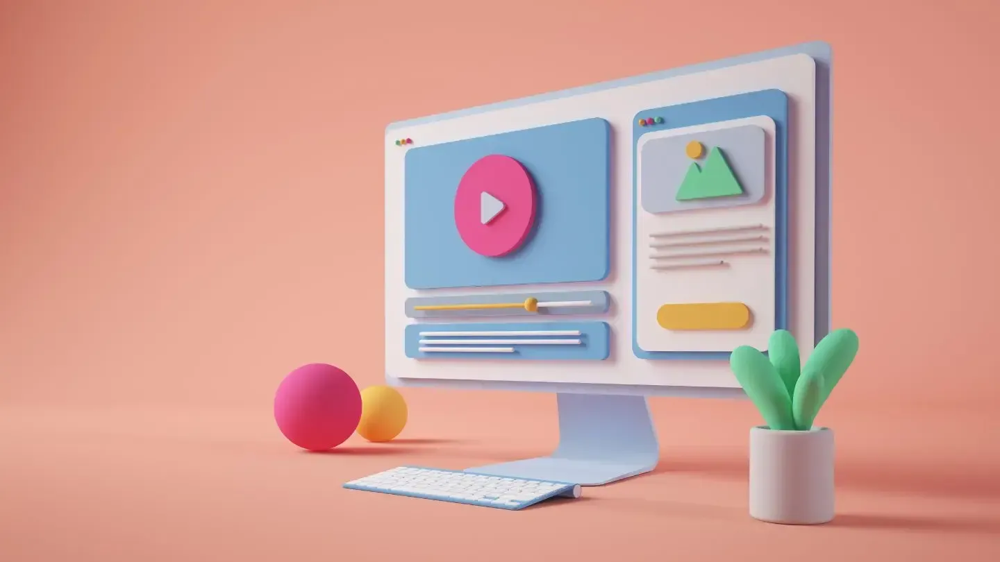 A computer monitor with a keyboard and a potted plant on a pink background.