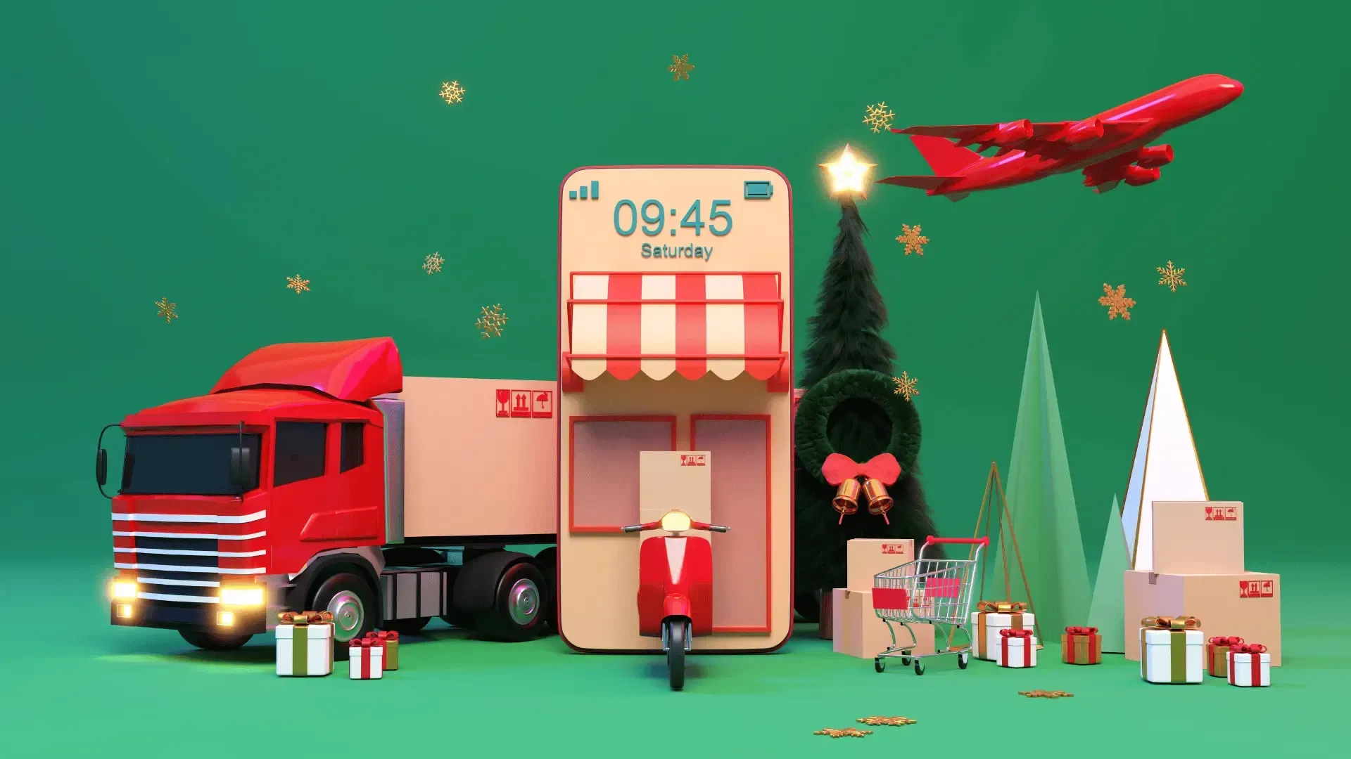 A truck , a scooter , a plane , a christmas tree , and a store on a green background.