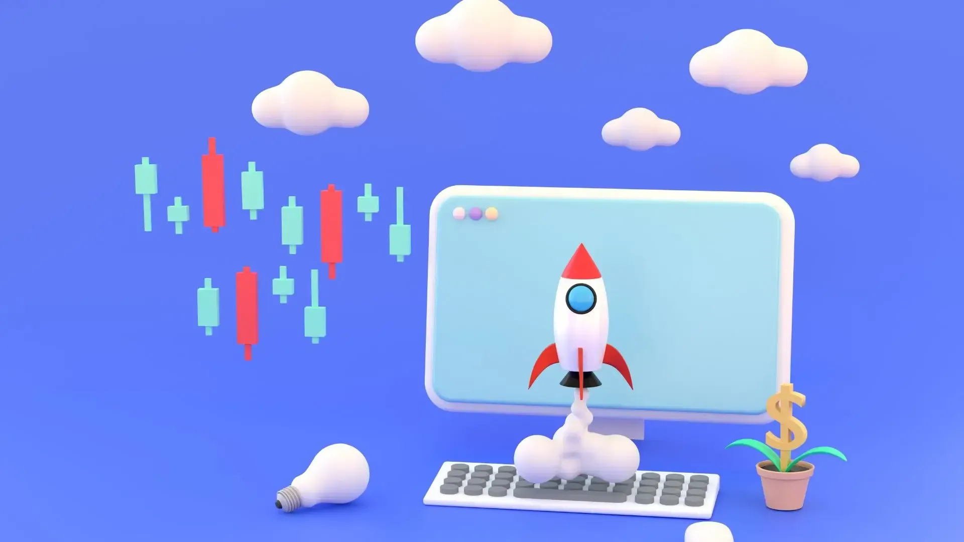 A computer monitor with a rocket flying out of it.